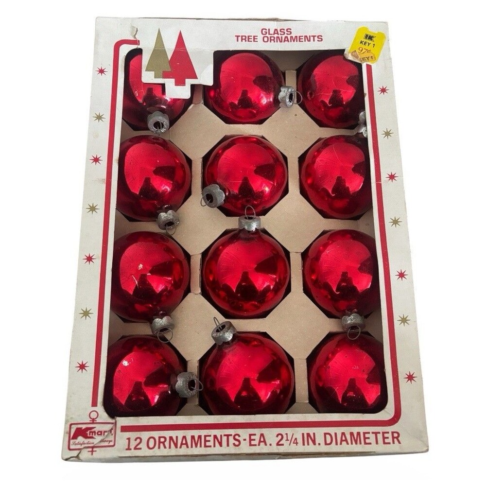 VTG Kmart Glass Christmas Tree Ornaments Shiny Red Round Bulbs Set 12 Box 2.25⁠